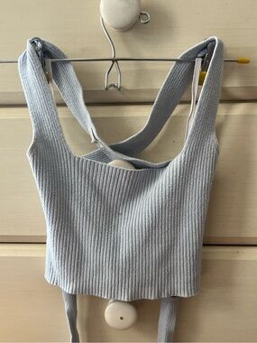 debut Light Gray Ribbed Knit Crop Tank with Tie Details